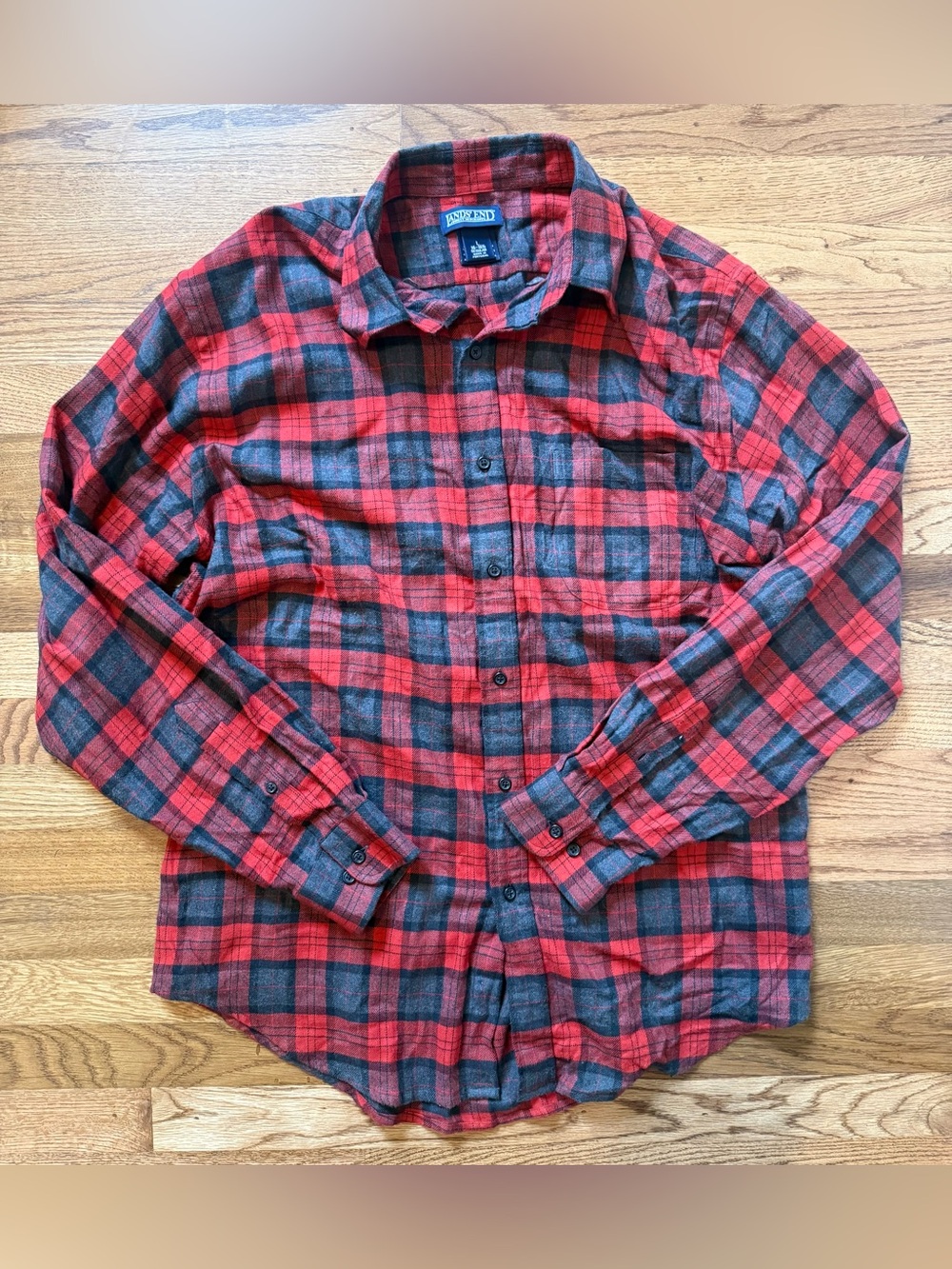 Lands End Red & Blue Plaid Flannel Men's Button-Down Shirt